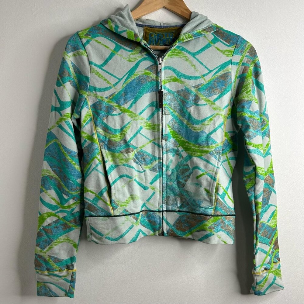 Custo Barcelona Hoodie Womens S/M Green Blue Full Zip Graphic Playa‎ Hermosa Y2K